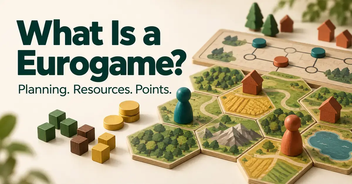 Wooden pawns, resource cubes, scoring tokens and landscape tiles illustrate eurogame strategy beside the text “What Is a Eurogame? Planning. Resources. Points.”
