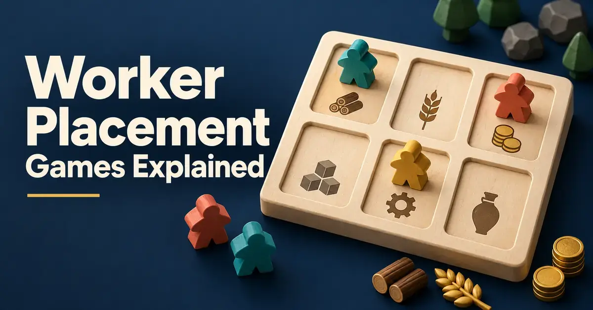 Teal, coral, and yellow wooden workers occupy resource action spaces on a shared board beside the title “Worker Placement Games Explained.”